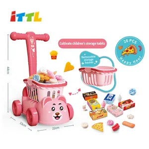 ITTL Neuankömmling heißer Verkauf rosa 26pcs Mädchen Spielzeug Essen Set Spielhaus Wagen Pizza Dessert Eis abnehmbaren Korb Wagen