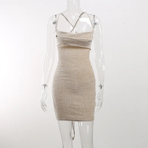 Scollato tinta unita in tinta unita senza schienale speziato ragazza con cintura alta Sexy senza maniche vestito aderente glutei - Product Image 5