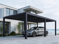 Abri de voiture moderne motorisé en aluminium avec toit à persiennes réglables, étanche et écologique, idéal pour villas, jardins, balcons et zones de stationnement.