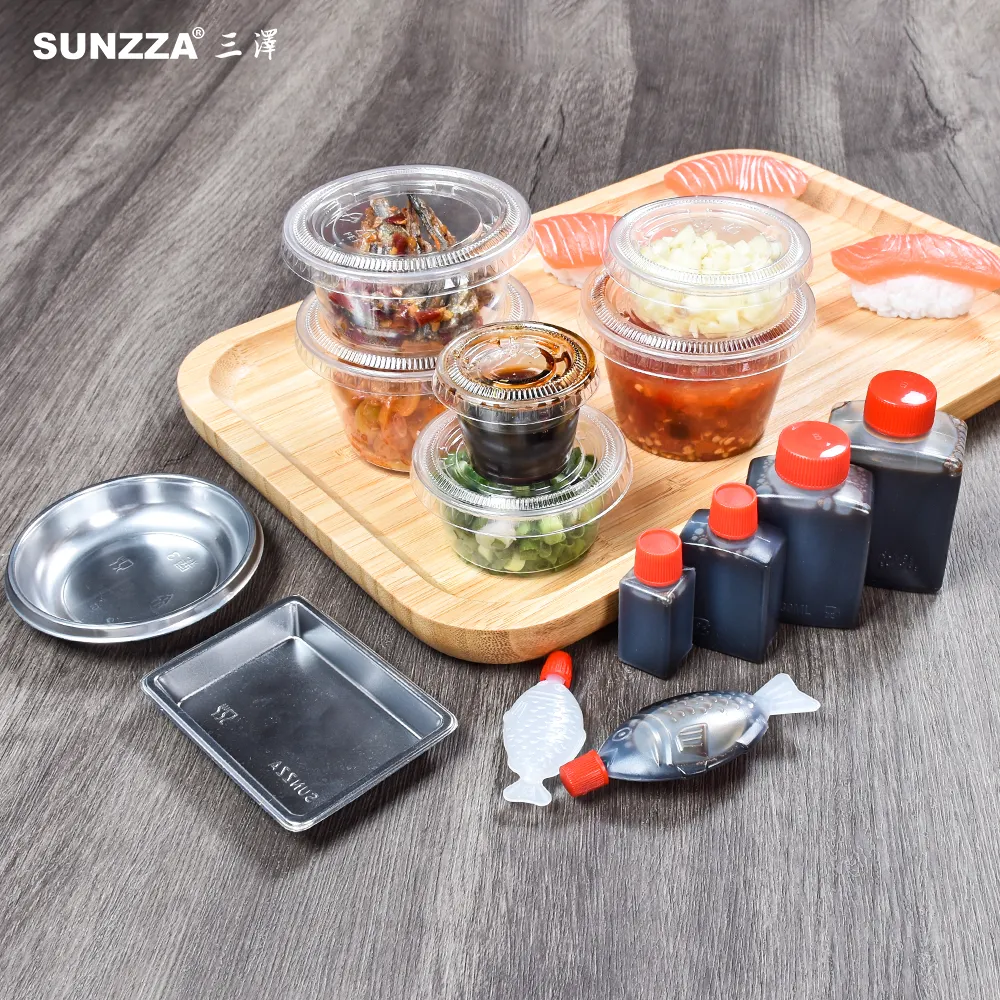 Sunzzaパッケージクリアペットミニ2オンスソース大豆/オニオン/ジンジャー/ガーリックフードパッキングプラスチックテイクアウト使い捨てカップカバー付き