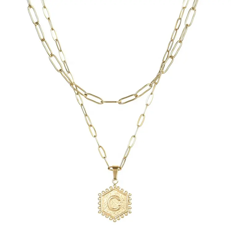 Dainty Gold Plated Paperclip Chain Hexagon Letter Pendant Layered Initial Choker Necklaces