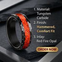 Bague en tungstène noir 8 mm, finition martelée, incrustation d'opale rouge feu, alliance de mariage, bijoux d'anniversaire pour couples
