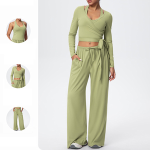 Ensemble de yoga <span class=keywords><strong>3</strong></span> pièces en polaire brossée pour femme FH, tenue de sport avec cordon de serrage et détail à nouer, idéal pour la course et le fitness, fabrication OEM - Product Image 3