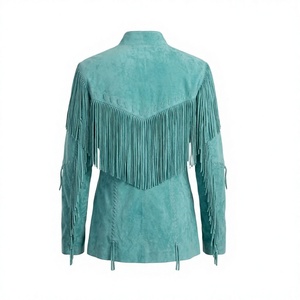Women's Turquoise Cowhide Leather Fringe <b>Jacket</b> Full Sleeve Waterproof Casual All Seasons Style - Product Image 2
