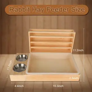 3 In 1 Wooden Rabbit Hay Feeder With Cat Litter Box And Pet Bowls Safe Manger Storage Holders Racks