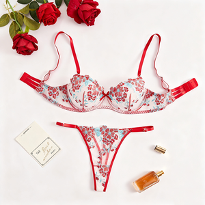 US magazzino da donna nuova Lingerie erotica in pizzo sottile 2 pezzi Set allettante reggiseno rosso Sexy con ferretto innocente-seducente - Product Image 1