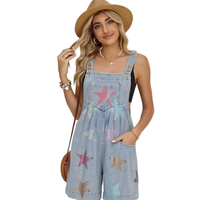 Combinaison courte en jean pour femme, style mode urbaine estivale, avec strass thermocollés et bretelles larges