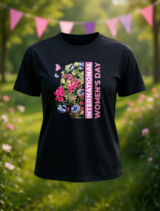 T-shirt per la Giornata internazionale della donna, per donna, con stampa floreale nera, manica corta, girocollo, top casual in jersey elasticizzato e traspirante - Product Image 2