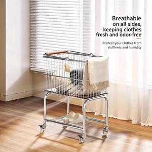 Rolling Laundry Cart With Wheels Heavy Duty Stainless Steel Hamper Trolley Mobile Clothes Storage Organizer With Bottom <b>Shelf</b> - Product Image 6
