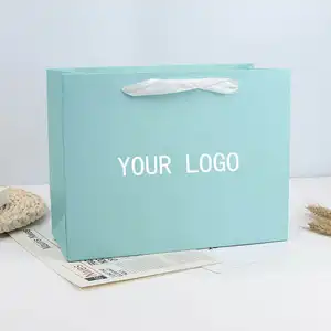 Op Maat Bedrukt Logo Blauw Cadeau Boodschappenpakket Papieren Recycle Draagtas Met Eigen Logo