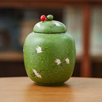 Boîte à thé en céramique verte avec motif grue blanche peinte à la main, petit pot de rangement hermétique avec couvercle perlé