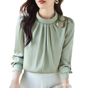 8696 # Blouses De bureau élégantes pour femmes à manches longues <span class=keywords><strong>chemisier</strong></span> En Satin <span class=keywords><strong>vert</strong></span> chemise Blusas Mujer De Moda - Product Image 1