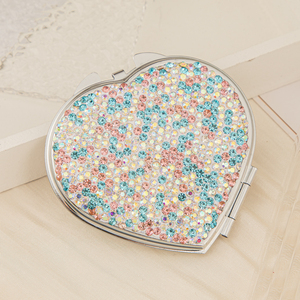 Crystal Rhinestone Heart Shaped Compact Mirror Dual Sided HD Glass <b>Silver</b> Metal Folding Pocket <b>Makeup</b> Mirror Bulk Wholesale - Product Image 2