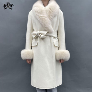 <strong>White</strong> Real Cashmere <strong>Coats</strong> Fox Fur Collar Jacket Winter Genuine Wool <strong>Coat</strong> for Women With <strong>Belt</strong> - Product Image 4