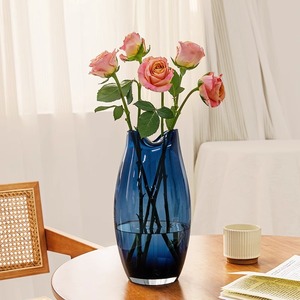 Vase en verre bleu haut de gamme pour salon, grand vase transparent pour fleurs séchées, vase à eau, luxe léger, vase pour plantes vertes en bois de cheval ivre - Product Image 4