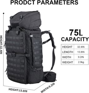 Sac à dos tactique 75L avec cadre externe, système MOLLE, nylon, unisexe, trekking, camping, survie, voyage, noir - Product Image 2