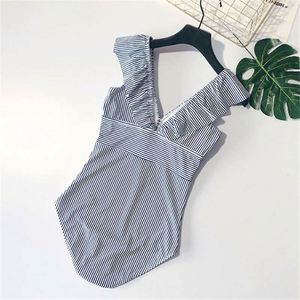Maillot <span class=keywords><strong>de</strong></span> bain une pièce sexy à rayures et volants pour femmes et jeunes filles, décolleté plongeant, collection plage, offre spéciale - Product Image 5