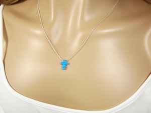 Nuovo Design Gioielli Religiosi Assiri da Donna <span class=keywords><strong>Collana</strong></span> <span class=keywords><strong>con</strong></span> Croce Blu in <span class=keywords><strong>Opale</strong></span> Argento Sterling 925 - Product Image 2
