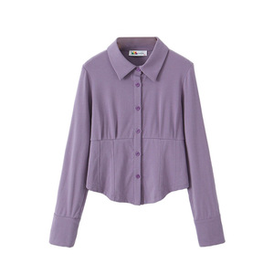 Chemise à manches longues en tricot pour femme Runqi, couleur unie, col chemise, en coton, avec boutons, pour tous les jours, N8746 - Product Image 1