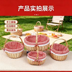 Woven Storage <b>Baskets</b> Round Cotton Lining Picnic Outdoor Fruit Egg <b>Basket</b> With Handle Red Checkered Pattern - Product Image 1