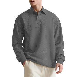 Camisa Polo de Hombre con Textura Jacquard, Manga Larga, Corte Holgado, Transpirable, Cuello con Botones, Color Sólido, para Uso Diario - Product Image 5