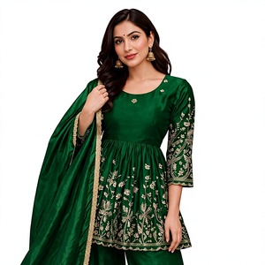 <b>Green</b> <b>Silk</b> Salwar Kameez With Gold Embroidery For Women Traditional Indian Wedding Wear Loose Fit Midi Length - Product Image 1