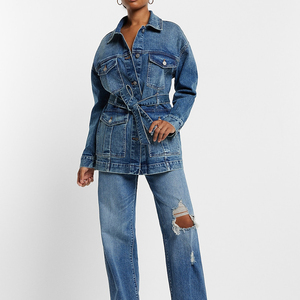 Veste en jean décontractée et stylée pour femmes personnalisée Vestes en jean bleu foncé boutonné Veste en jean délavée moyenne avec ceinture - Product Image 2