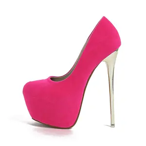 봄 가을 섹시한 금속 플랫폼 펌프 여자 핑크 빨간 둥근 발가락 스틸레토 결혼식 연회 신발 크기 45 슈퍼 하이힐