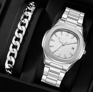 Orologio da Polso da Uomo con <span class=keywords><strong>Quadrante</strong></span> <span class=keywords><strong>Quadrato</strong></span>, Cinturino in Acciaio Inossidabile, Calendario, Movimento al Quarzo e Set Bracciale - Product Image 2