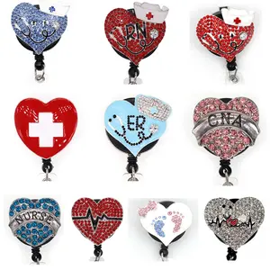 Su misura Medico a Forma di Cuore ECG CNA RN ER INFERMIERA Del Rhinestone Dello Smalto Retrattile Porta Badge Reel