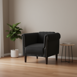 Poltrona in Velluto Nero 100% Poliestere con Gambe in Legno Massello e Schienale Trapuntato per Soggiorno - Product Image 2