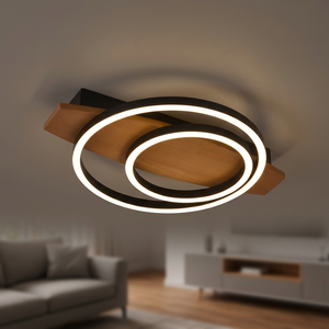 Plafonnier LED rond moderne, design anneau en bois noir, blanc chaud 2700K, culot E27, dimmable pour salon - Product Image 2