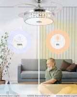 Ventilateur de plafond en acrylique cristal de 42 pouces avec lumière, application Smart Scene, 5 CCT, moteur DC silencieux et dimmable pour salon moderne, ODM