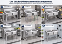 Évier commercial double personnalisable et détachable, en acier inoxydable 304, à cuve profonde, pour cantine scolaire et hôpital