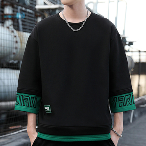 Long-sleeved T-shirt ruffian wind-blown street jacket Spring and Autumn round <b>neck</b> men Korean fashion round <b>neck</b> cropped sleeves - Product Image 5