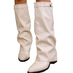 Bottes à talon épais plissées à bout pointu taille plus, style européen et américain, pour l'automne et l'hiver, commerce extérieur, mode féminine, à enfiler - Product Image 5