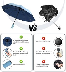 Parapluie QX en gros, nouveau modèle à 10 baleines, avec boucle annulaire, couleur unie, pliage inversé, protection solaire et pluie, coupe-vent - Product Image 4