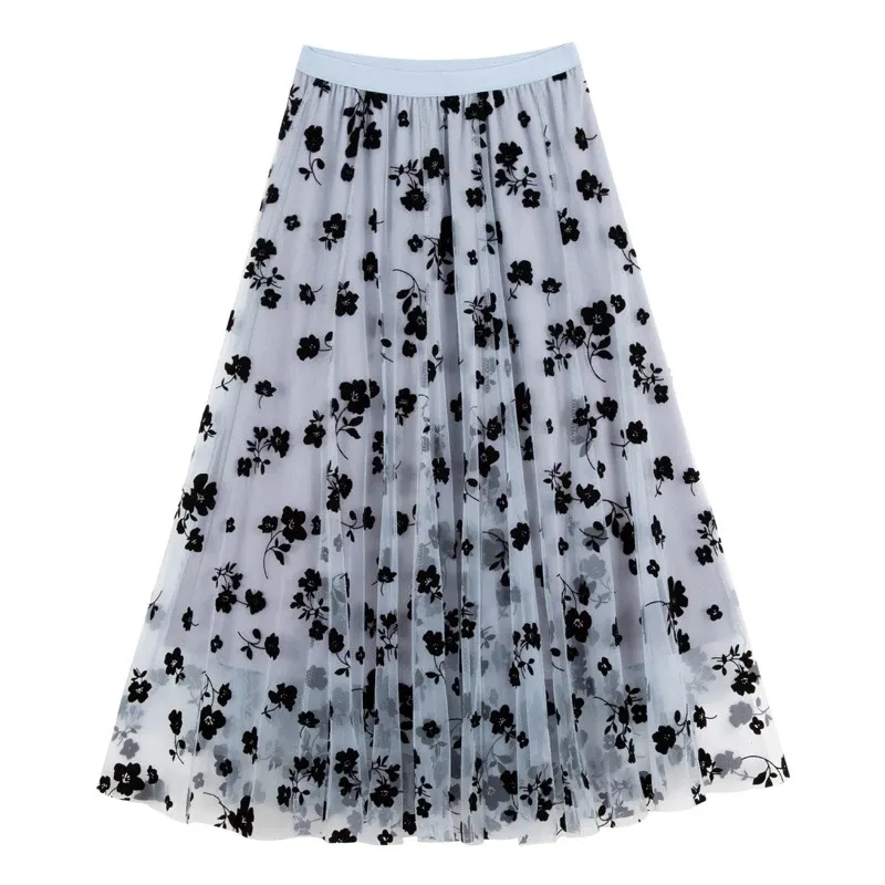 Floral Print Black Midi Skirt 2021 Summer Women Fashion Sheer Mesh Patchwork A Line Long Skirts Female Sweet High Waist Skirt