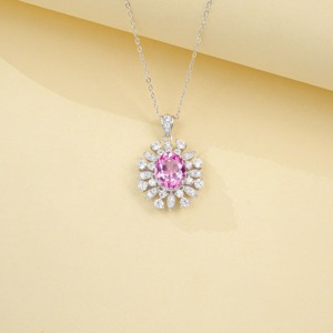 Collar de Plata de Ley 925 con Zafiro Rosa Padparadscha Cultivado en Laboratorio, Corte Ovalado con Halo de Diamantes, Joyería Fina para Mujer - Product Image 5
