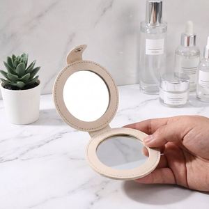 Creative Modern Embossed PU Leather <b>Foldable</b> Square Portable Travel Handheld Round Small Carry-on Makeup <b>Mirror</b> - Product Image 5