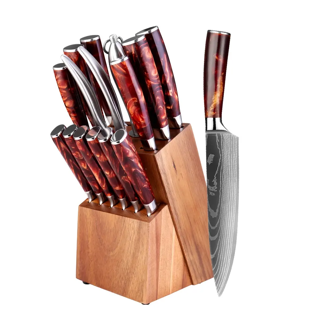 Pisau dapur Jepang 15 buah, pisau cukur koki profesional, pisau dapur tajam dengan pemegang pisau kayu Solid, gunting pengasah