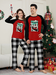 OEMカスタムレッドトラッククリスマスファミリーパジャマセット メリークリスマスプリント ブラックホワイトバッファローチェックパンツ ポリエステルプライベートラベル - Product Image 2
