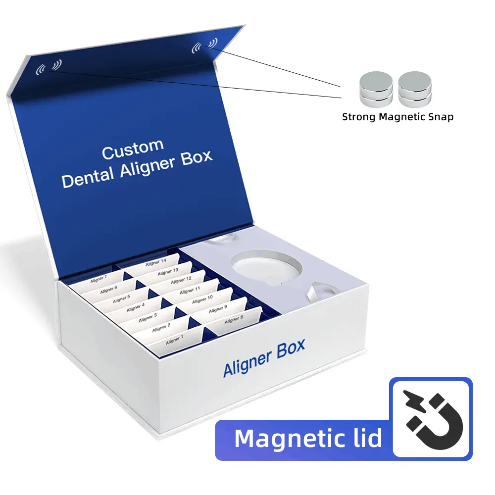 Caja de papel de cartón para alineadores transparentes, soporte Invisible rígido magnético de lujo, embalaje de ortodoncia, caja de alineador Dental personalizada