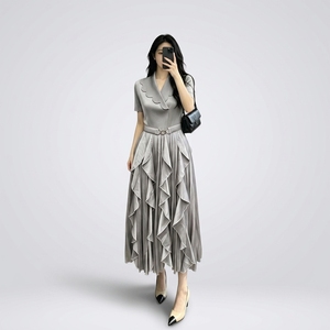 Abiti Lunghi Eleganti da Donna con Volant e Cintura, Maniche Corte, Moda Estiva, Disponibili all'Ingrosso - Product Image 1