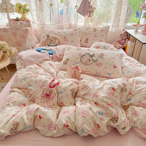 Màu hồng hoa hồng màu xanh kẹo Bow + Phim hoạt hình gấu thỏ mô hình dễ thương phong cách tấm ga trải giường thiết lập 4 miếng mềm máy có thể giặt vải Polyester - Product Image 5