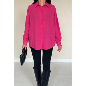 Fuchsia Women's Asymmetric Poplin Button <b>Down</b> Shirt Casual Everyday Wear - Product Image 3
