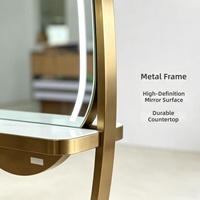 Miroir de salon sur pied avec éclairage LED et comptoir, cadre doré, poste de travail pour coiffeur, salon de beauté, barbier