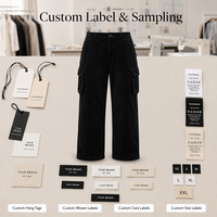 Pantalon large en velours côtelé noir pour femme, taille haute, poches à rabat plissées, fermeture éclair, 100% coton, décontracté, usage quotidien, étiquettes personnalisées OEM