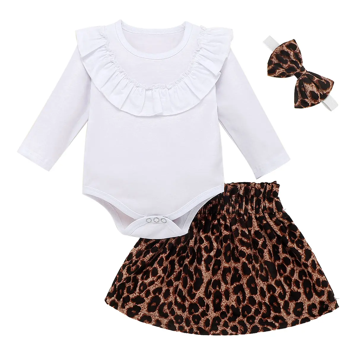 Toddler Baby Girl Clothes Infant Baby Girls Solid Romper With Leopard Skirt Headband 3 Pcs Sets