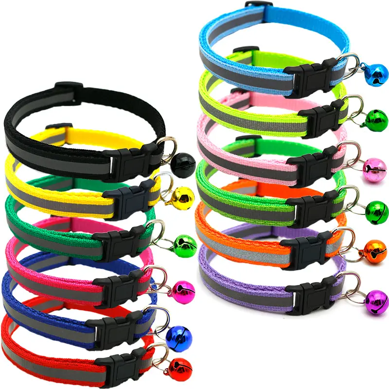 Sterke Veiligheid Afdrukken Aangepaste Verstelbare Gesp Reflecterende Strip Pet Nylon Halsband Met Bells